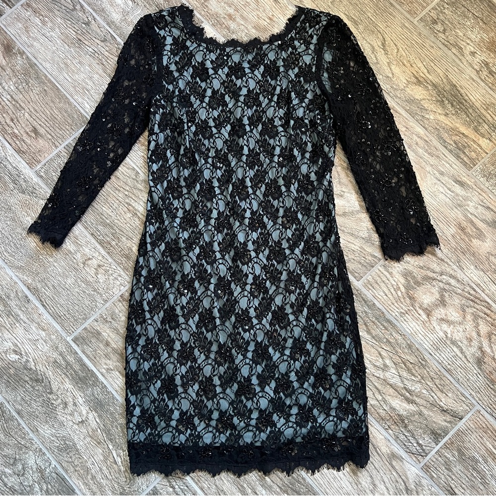 Adrianna Papell Eyelet Lace, Beaded and Sequin Details, Black Blue, Size US 12
